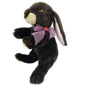 Common Wealth Dark Brown Bunny Rabbit with Lilac Rose Ribbon Bow Stuffed Animal